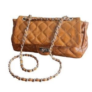 Matelasse Camel Brown Quilted Patent shoulder bag with chain strap